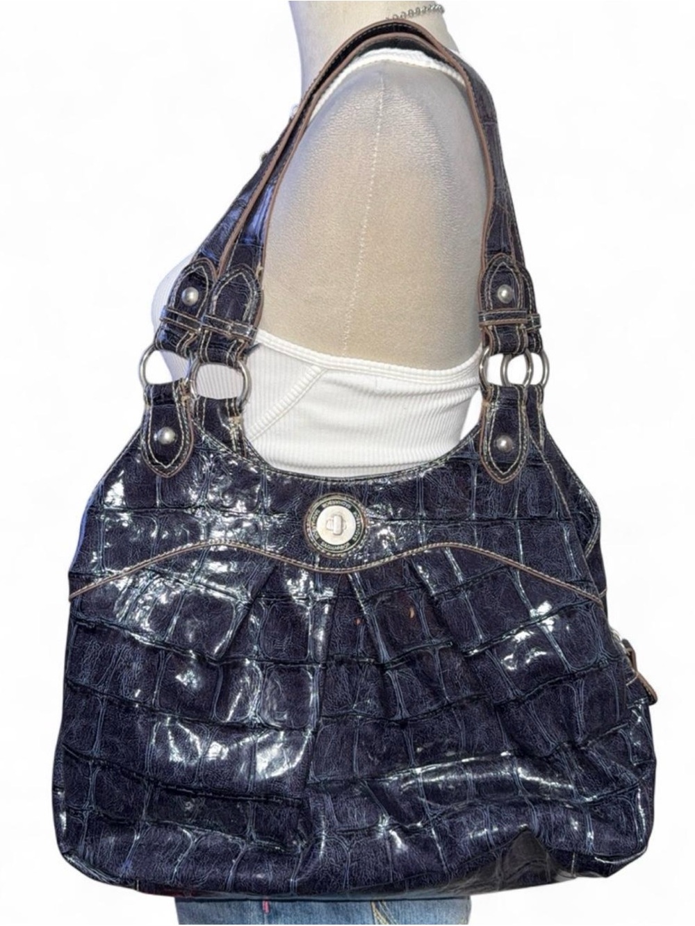 Sag Harbor Navy Croc-Embossed Patent Shoulder Bag